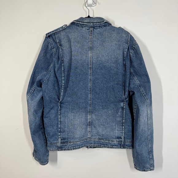Zara Denim Blue Moto Biker Jean Jacket Distressed Jacket Size L - Picture 7 of 13